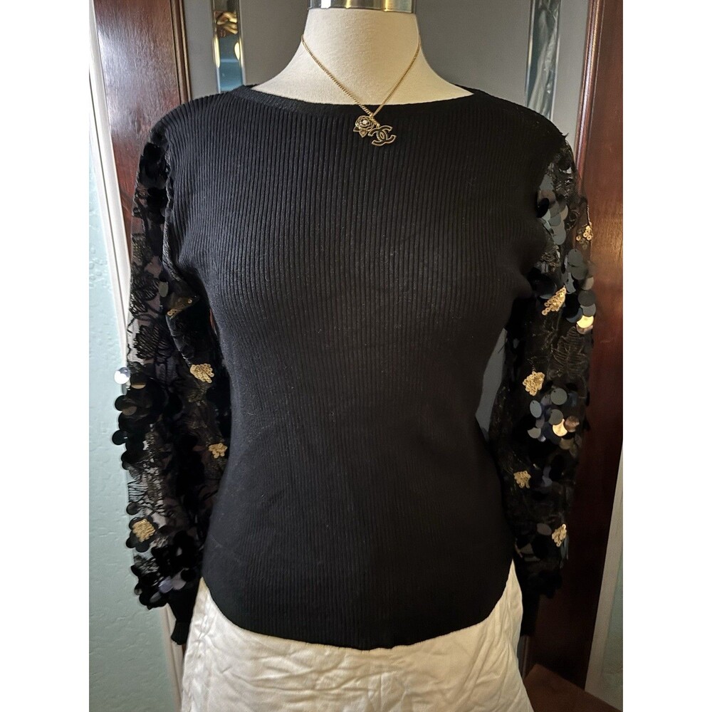 NEW Fancy Sioni Milano Sequined Sleeves Black With Gold Top Size Small #34